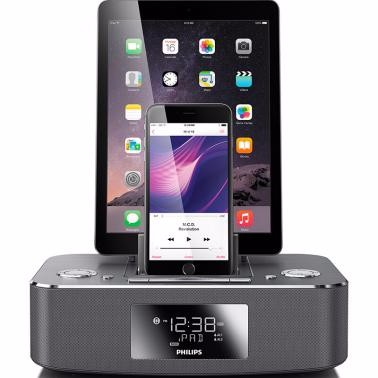 飛利浦DC395蘋(píng)果iphone5/6P/7P/iPad雙接口充電器 收音機(jī)藍(lán)牙家居音箱 銀色 蘋(píng)果版