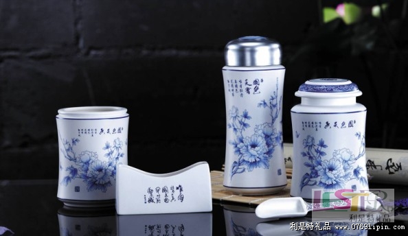 國(guó)色天香保溫杯茶葉罐茶葉勺筆筒名片座五件套