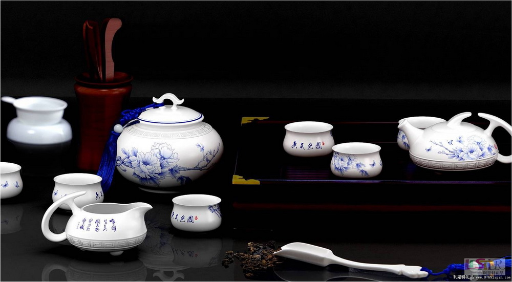 國(guó)色天香 青花茶具壺海過(guò)濾杯勺罐12件套