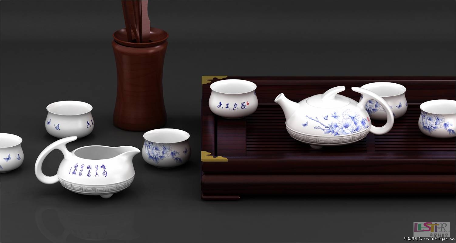 國(guó)色天香 青花茶具壺海杯八件套